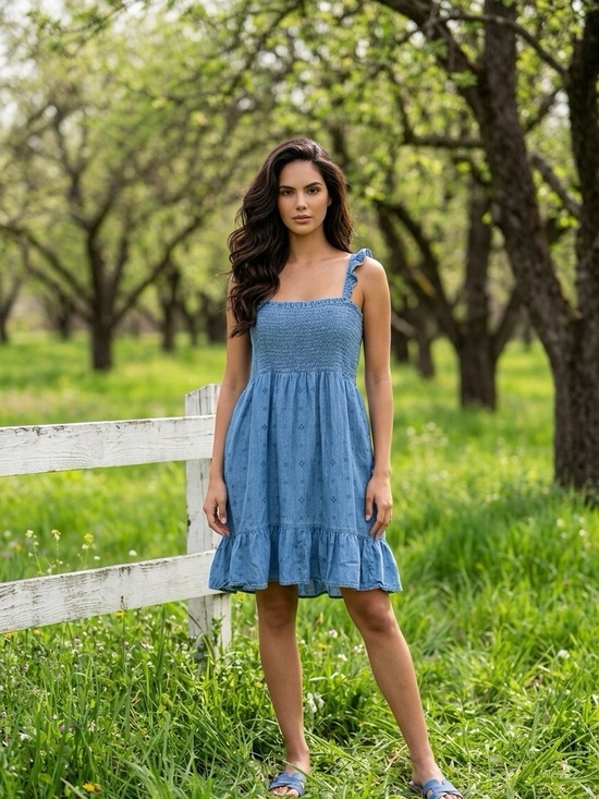 Ariat Dresses & Skirts - Ariat denim Blue Smocked Midi Dress with Ruffle Straps